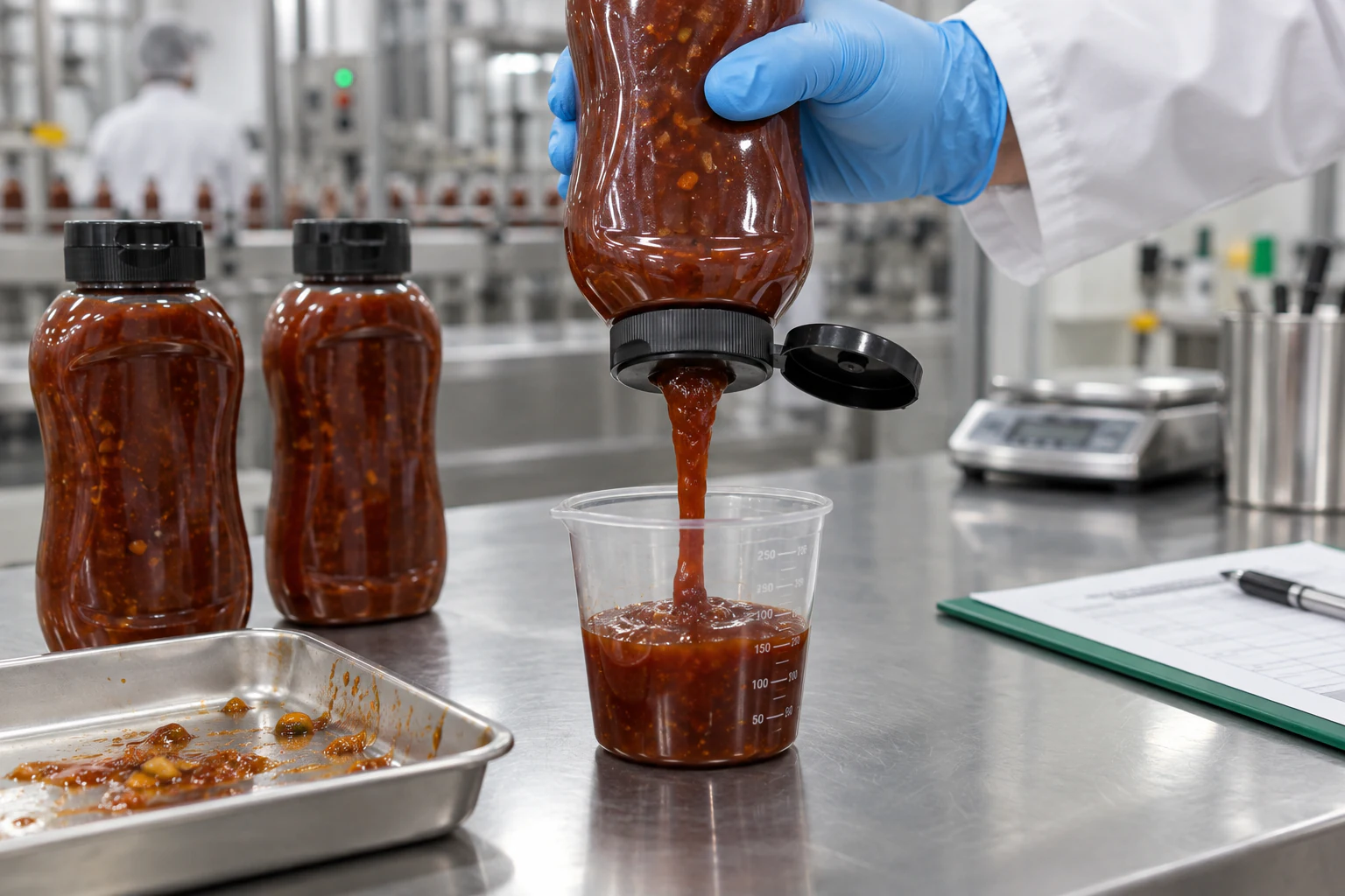 38-400 chunky BBQ sauce flip-top cap dispensing test on a food packaging quality control bench