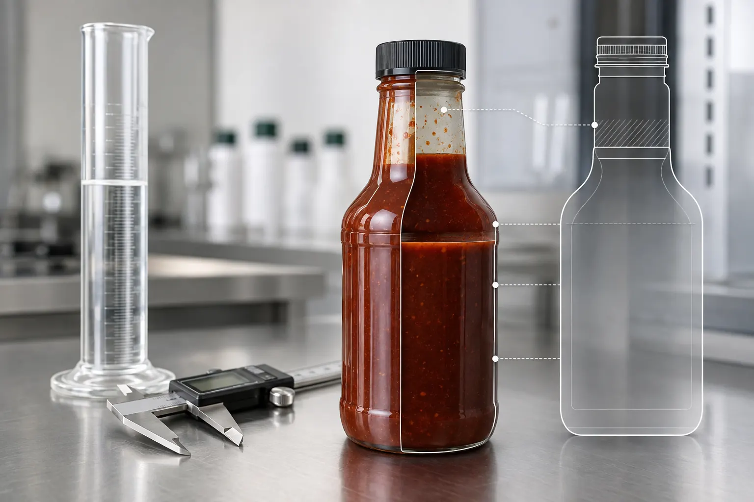 Nominal capacity versus brimful capacity and headspace in a 16 oz BBQ sauce bottle