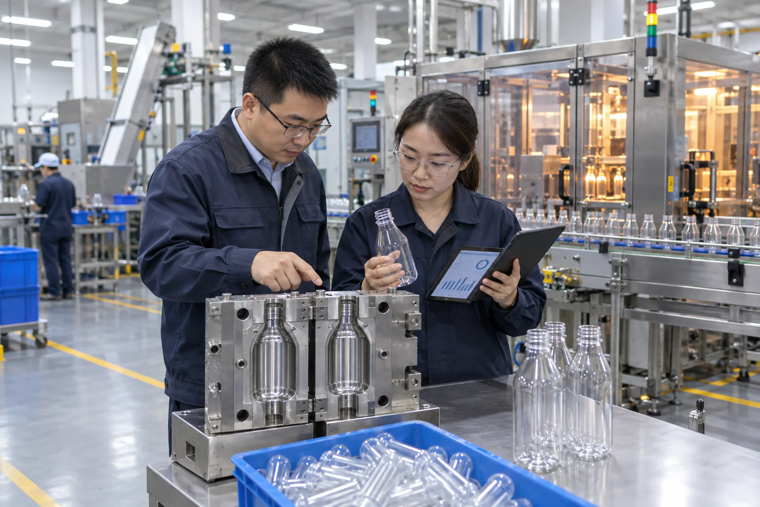 Chinese packaging engineers comparing a PET BBQ sauce bottle with its production mold during factory qualification