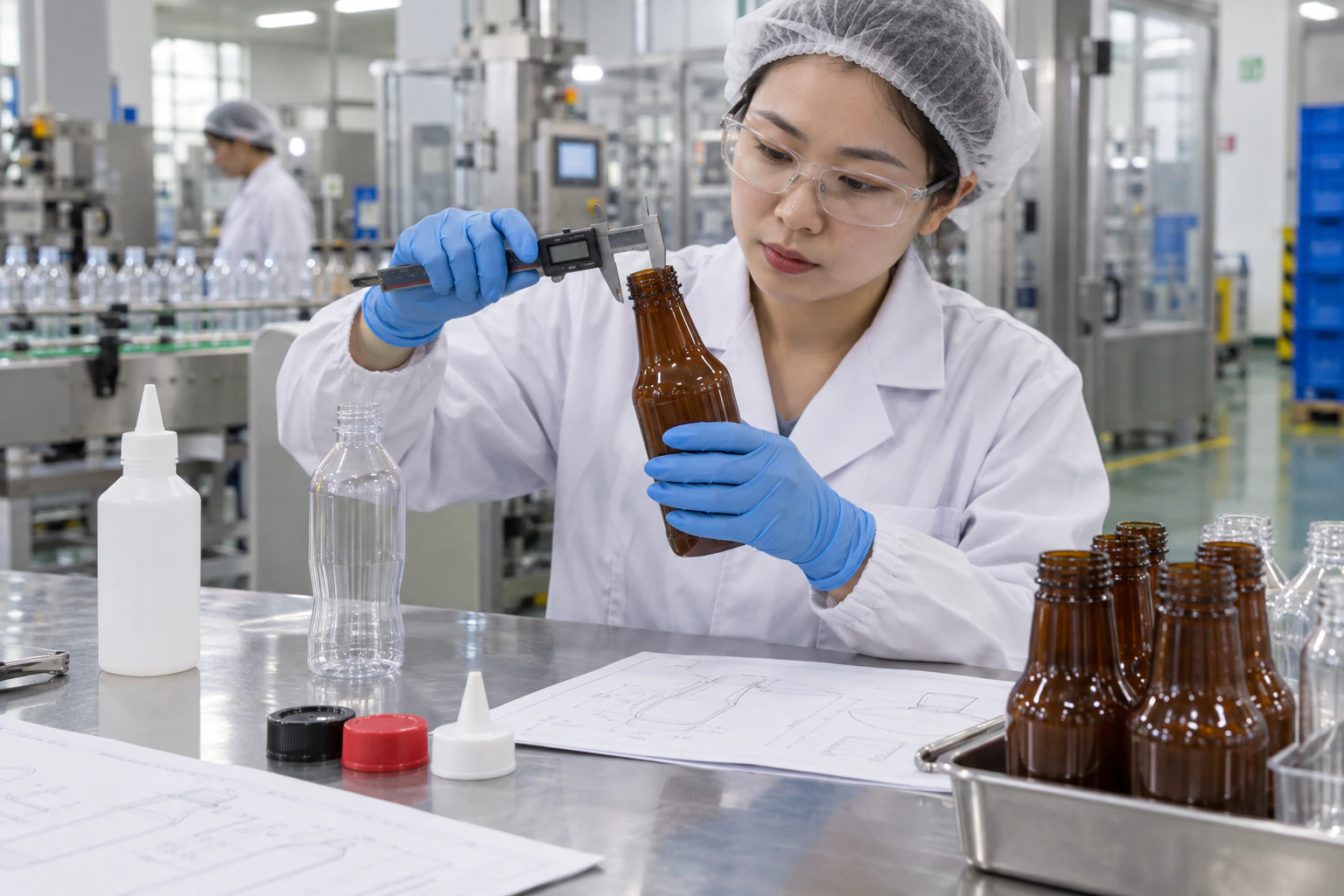 Packaging engineer reviewing bottle drawings and dimensions with a digital caliper during a supplier audit