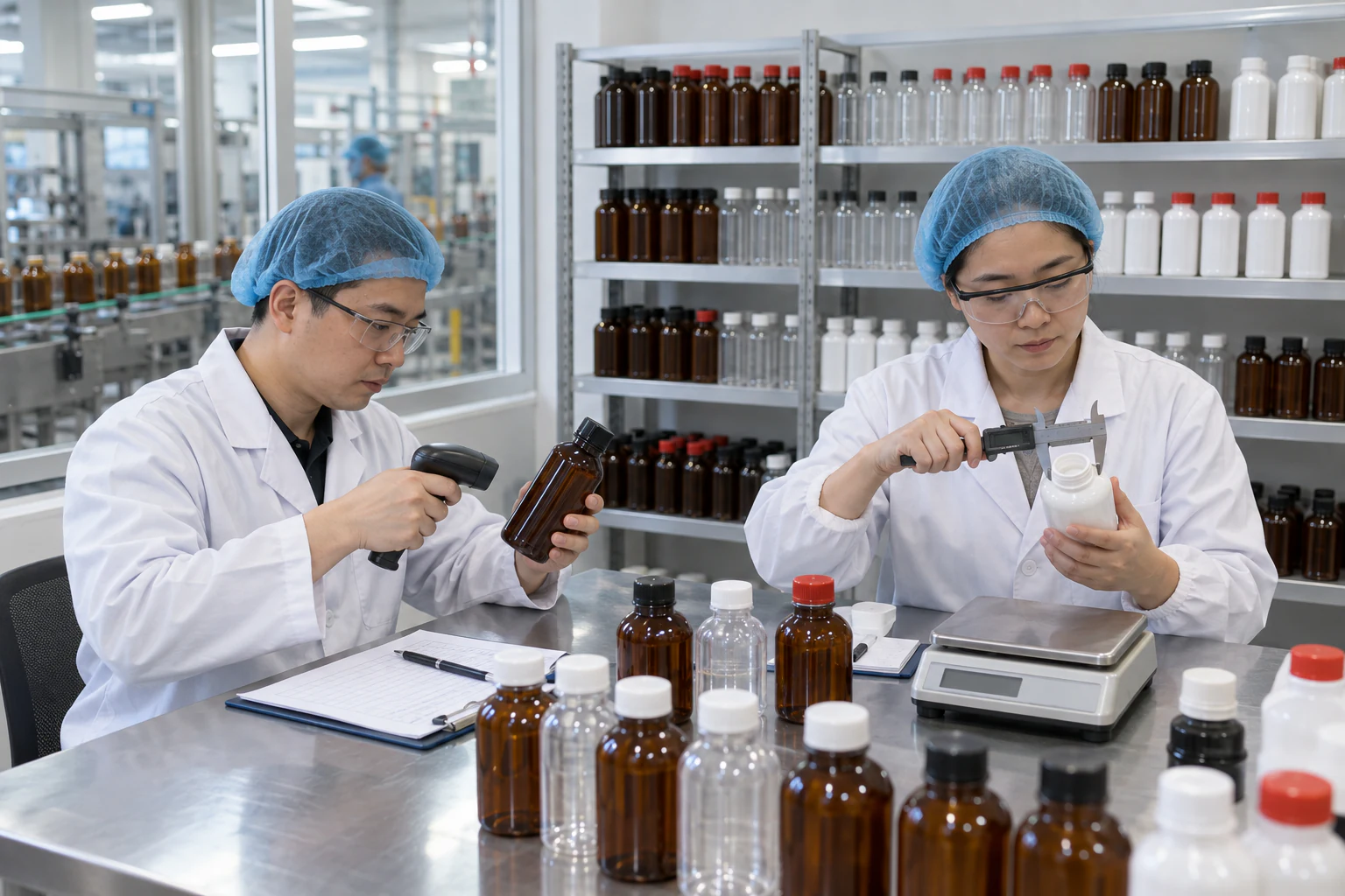 Chinese quality technicians checking retained BBQ sauce bottle samples for batch traceability and dimensional control