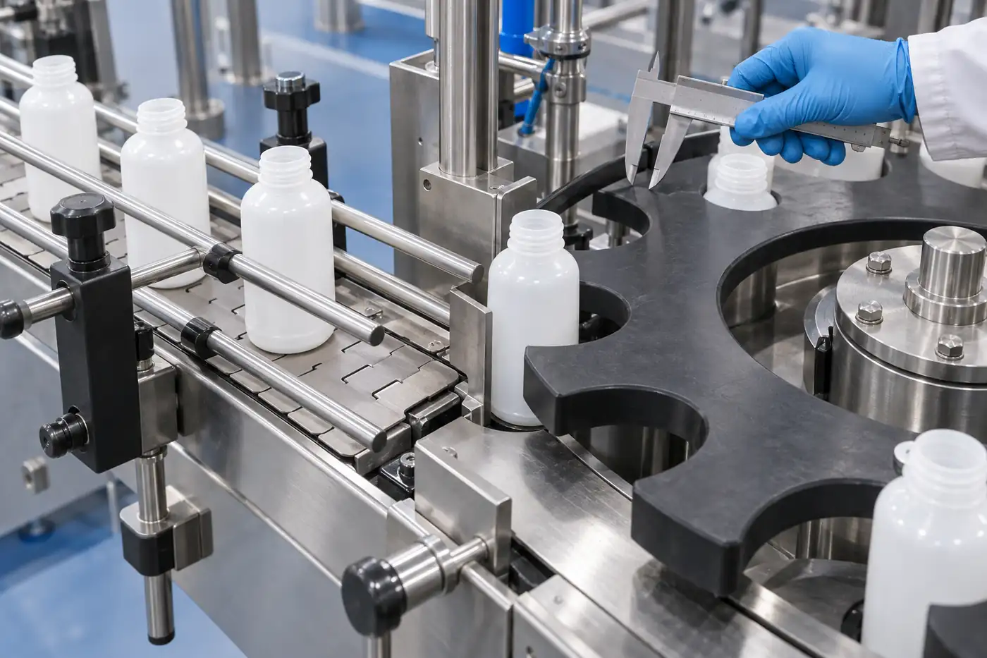 Overhead engineering inspection of an unbranded condiment bottle entering a starwheel pocket from a conveyor