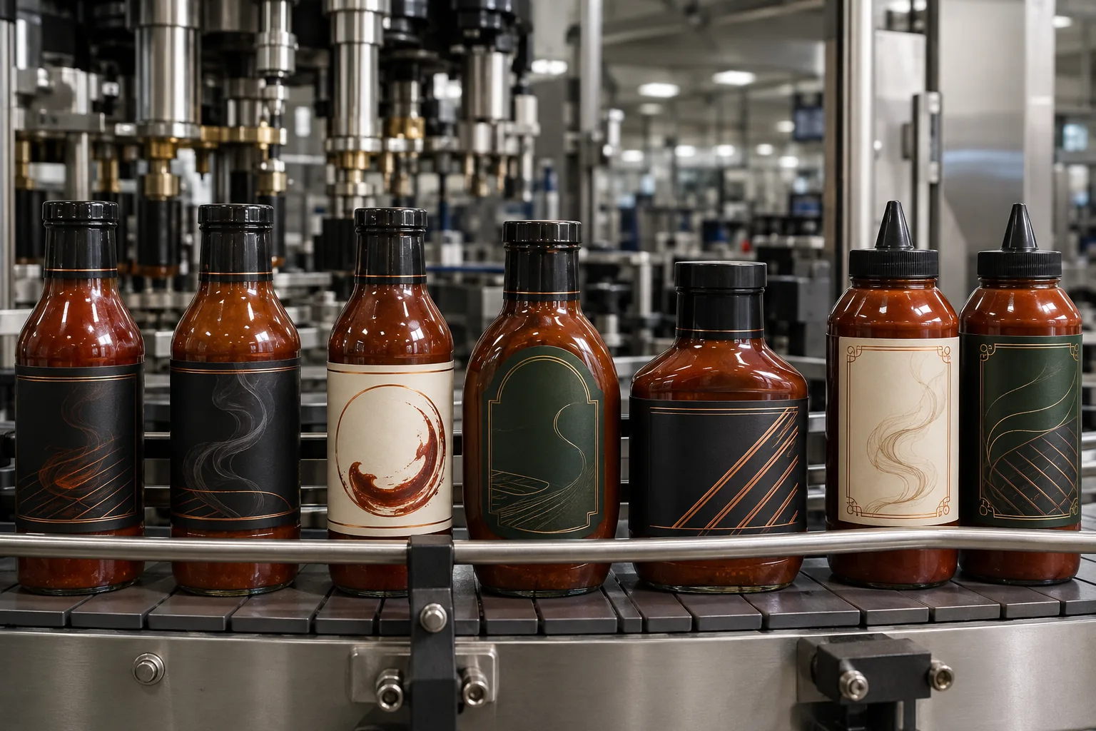 BBQ sauce bottle shapes on filling line for conveyor stability capping and label inspection
