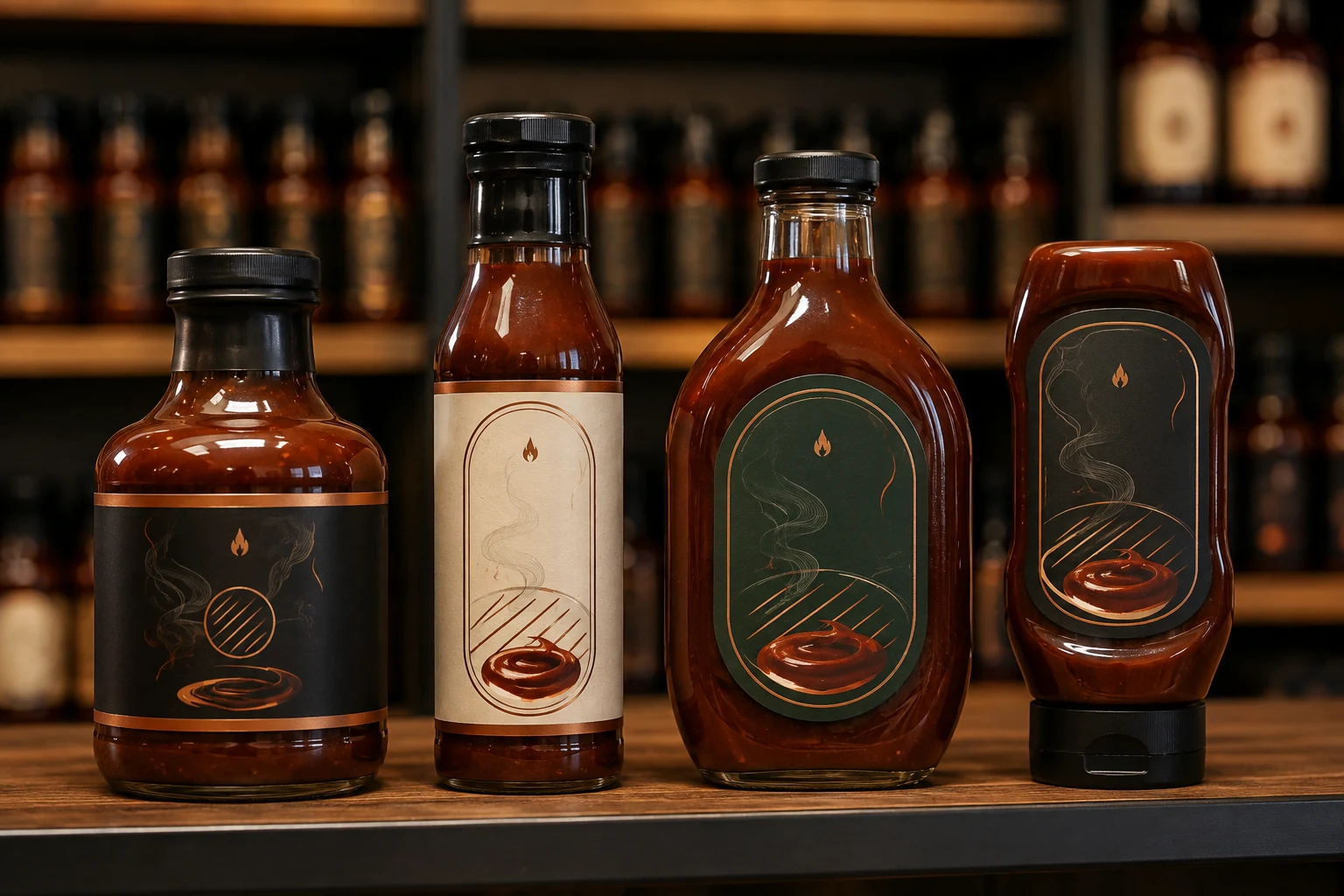 Commercial BBQ sauce bottle shapes compared on retail shelves for stout ringneck oval and squeeze formats