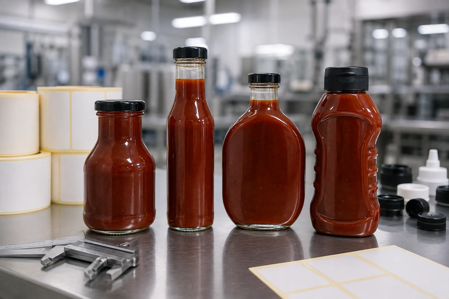 Commercial BBQ sauce bottle shapes including stout ringneck oval and custom squeeze bottles