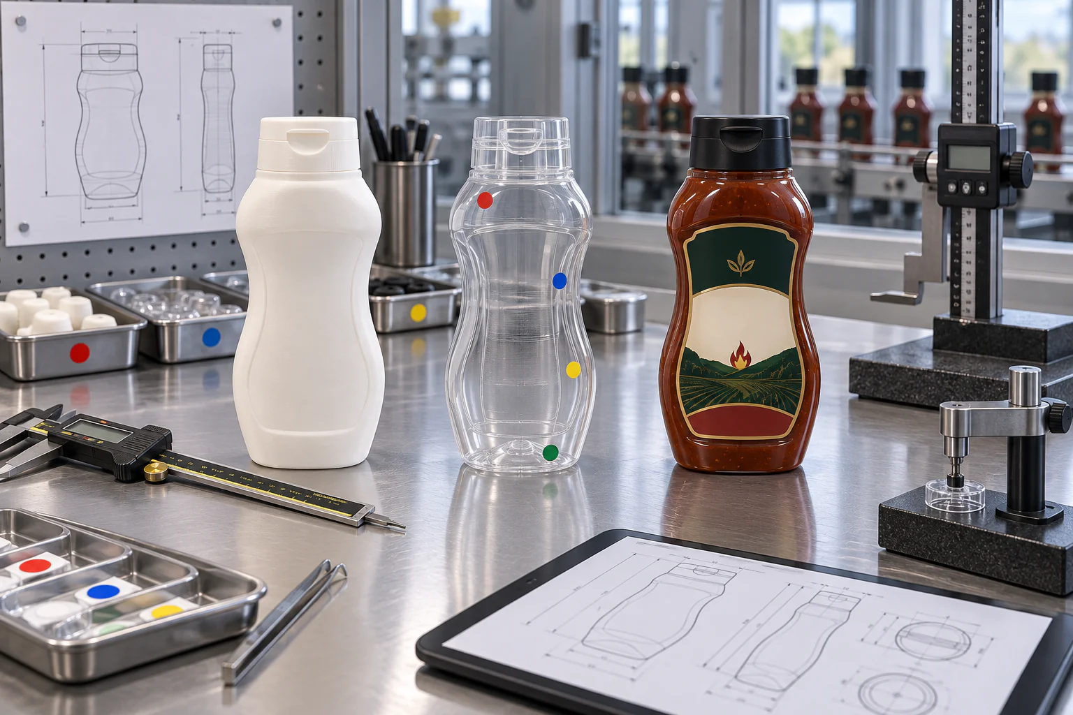 Custom BBQ sauce bottle appearance prototype and production trial bottle inspected with calipers against CAD dimensions