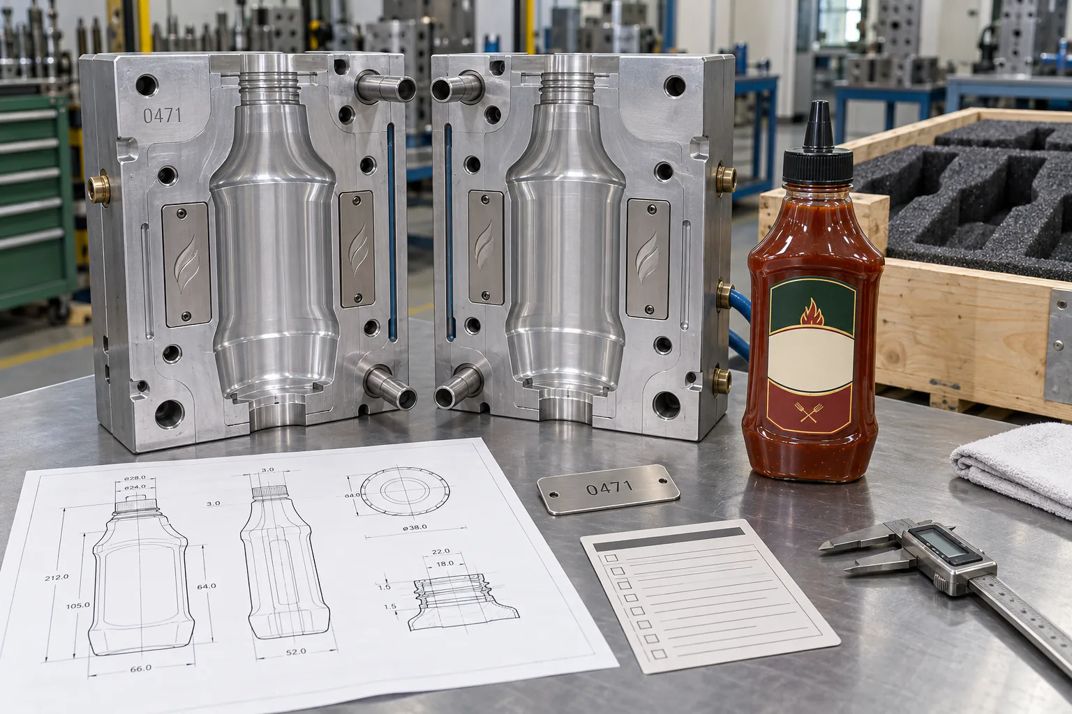 Numbered custom sauce bottle mold halves with approved bottle drawing and tooling ownership documentation