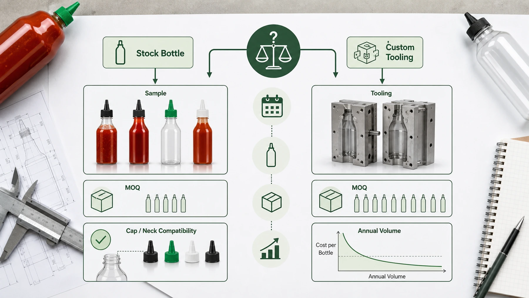 Stock bottle and custom tooling decision matrix for sauce bottle MOQ sample lead time cap neck compatibility and annual volume