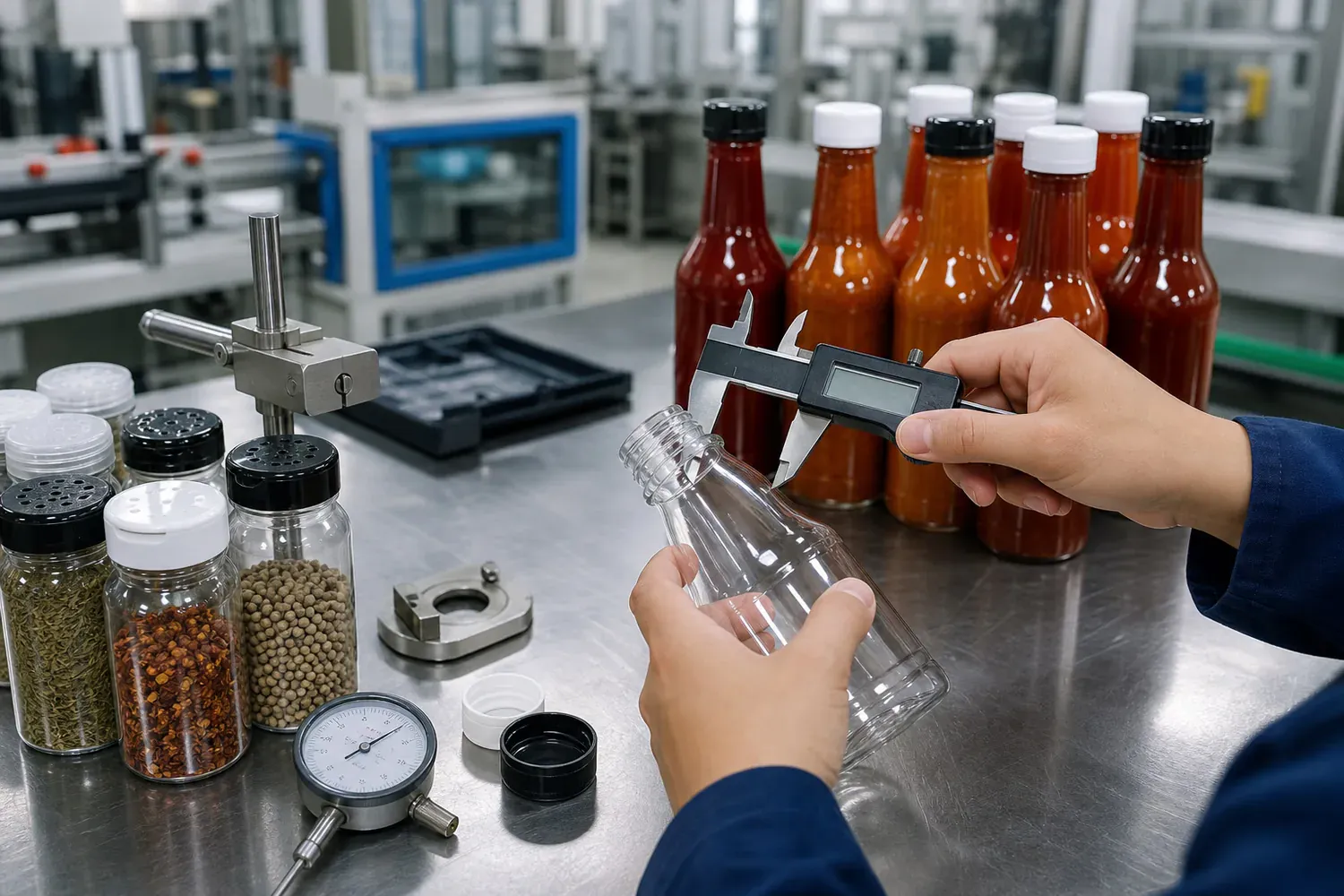 Quality technician measuring the neck of a clear plastic sauce bottle beside filled production samples
