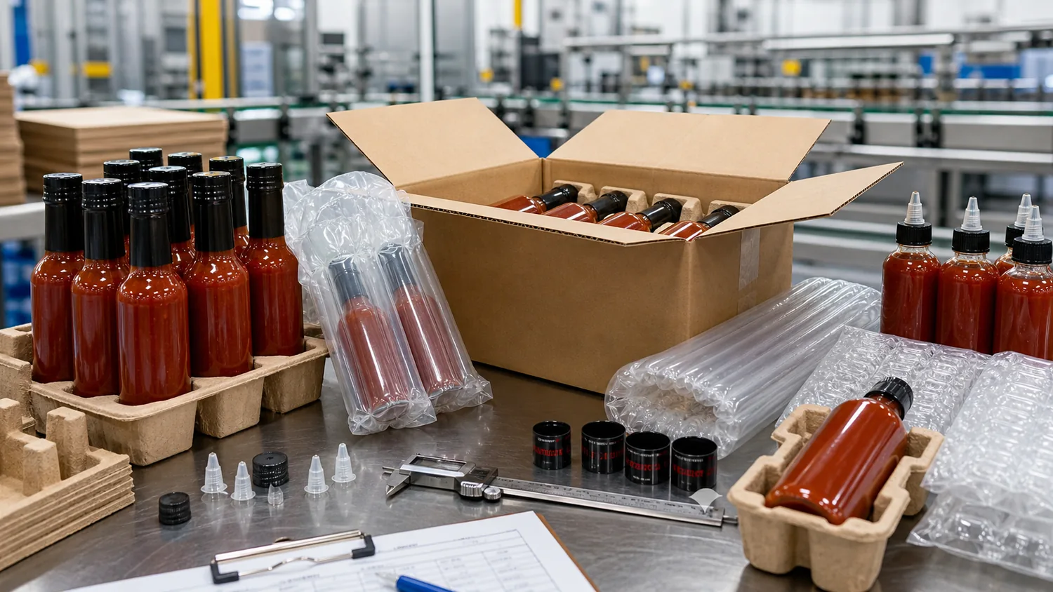 Hot sauce bottles packed in molded pulp trays air column sleeves bubble pouches and corrugated cartons for e-commerce transit damage reduction