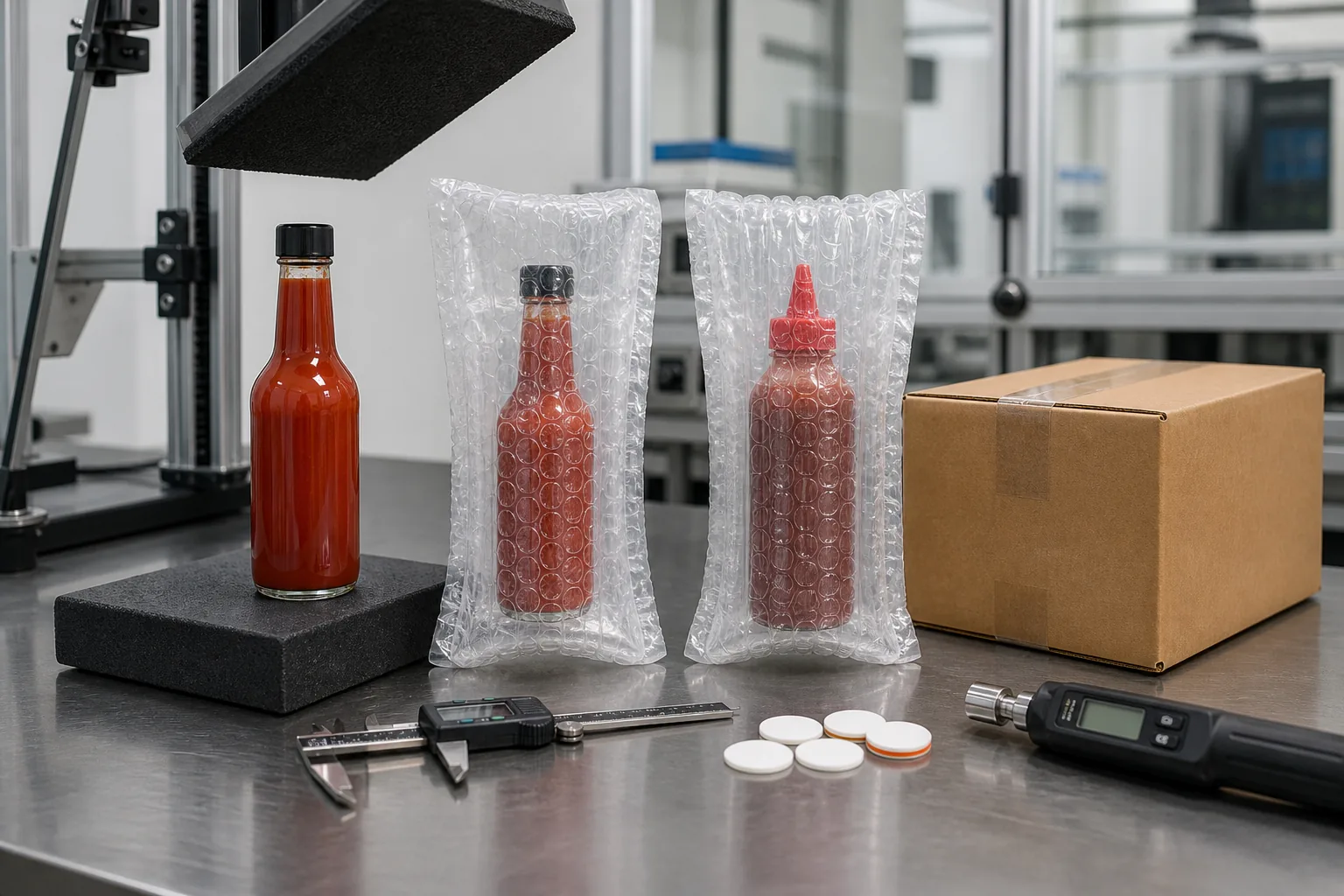 Hot sauce bottles in bubble pouches next to corrugated shipping carton caliper torque tester and drop-test setup