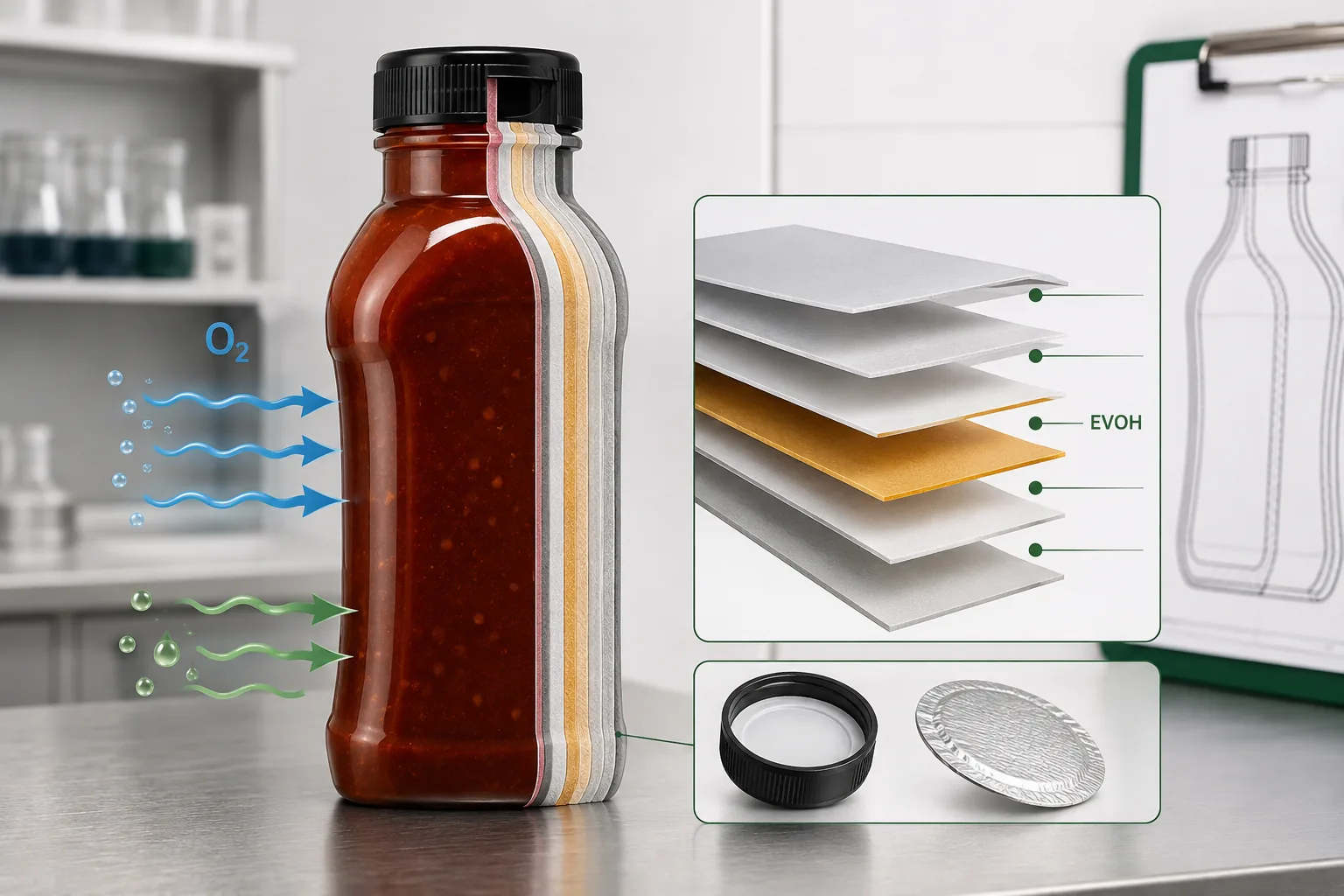 Multilayer EVOH BBQ sauce bottle wall showing oxygen barrier layer cap liner and induction seal