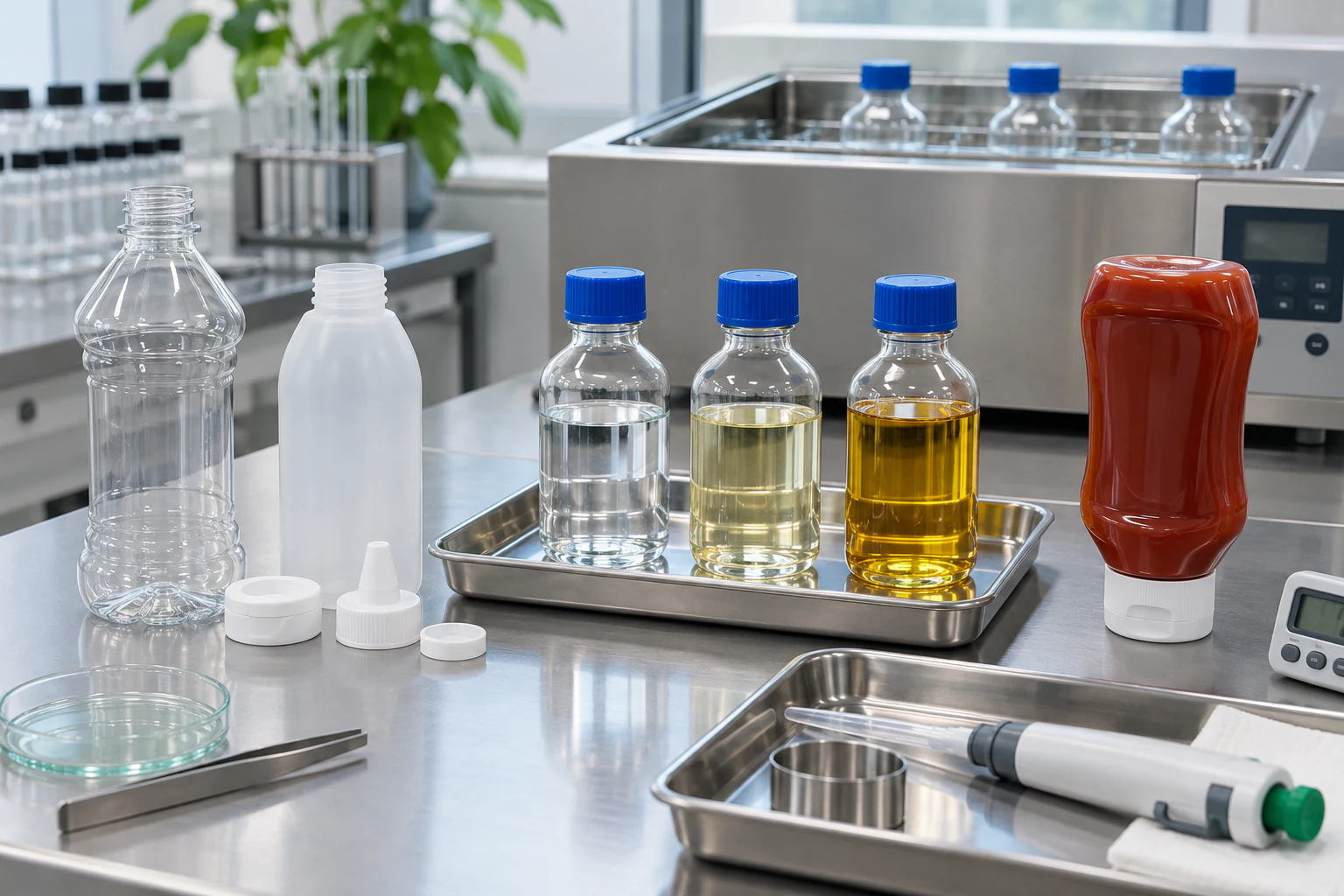 Condiment bottles closures and food simulant vessels arranged for acidic oily and elevated-temperature migration testing