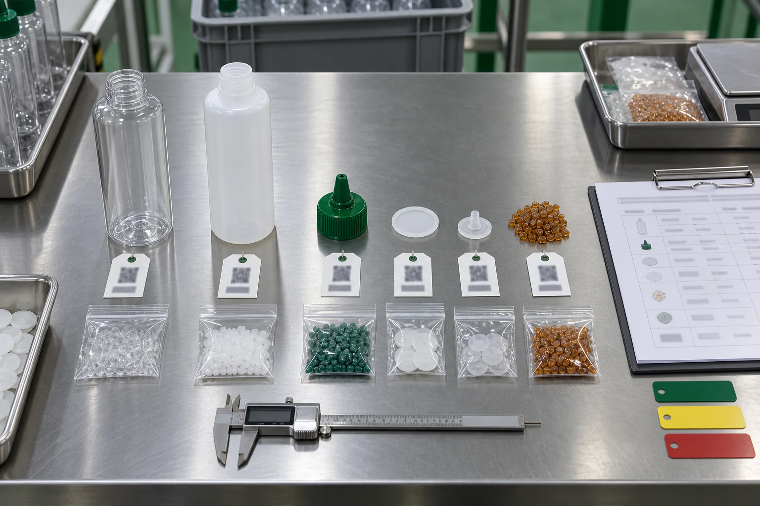 Condiment bottle cap liner valve resin and batch samples arranged for component-level compliance traceability
