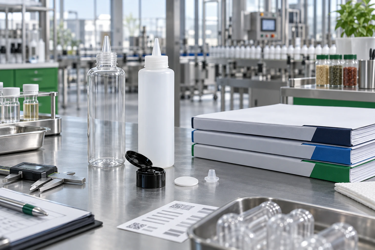 PET and HDPE condiment bottles with caps liners valves and cross-market food-contact compliance files on a packaging quality desk