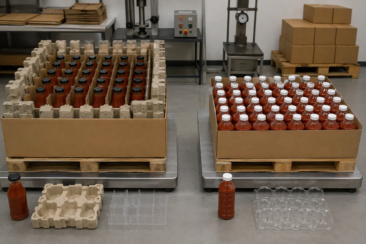 Glass sauce bottles and PET sauce bottles compared for pallet packing density and transit damage control