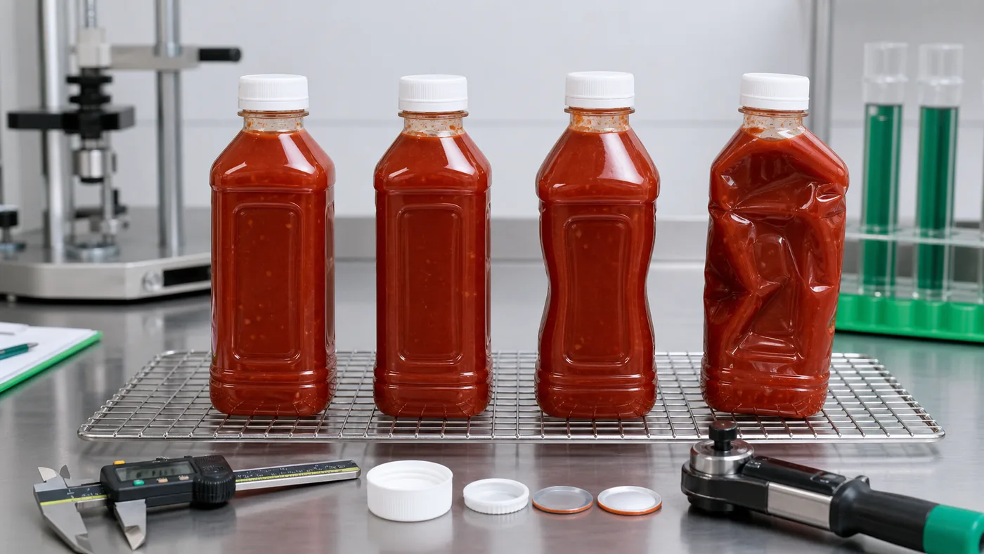 Hot fill sauce bottle vacuum panel deformation testing after cooling