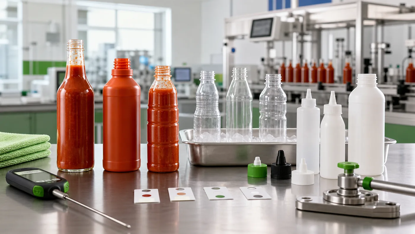 Hot fill and cold fill hot sauce bottle options being reviewed in a packaging QC lab