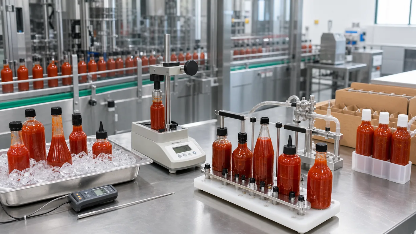 Hot sauce bottle line calibration with fill temperature cap torque cooling and leak testing