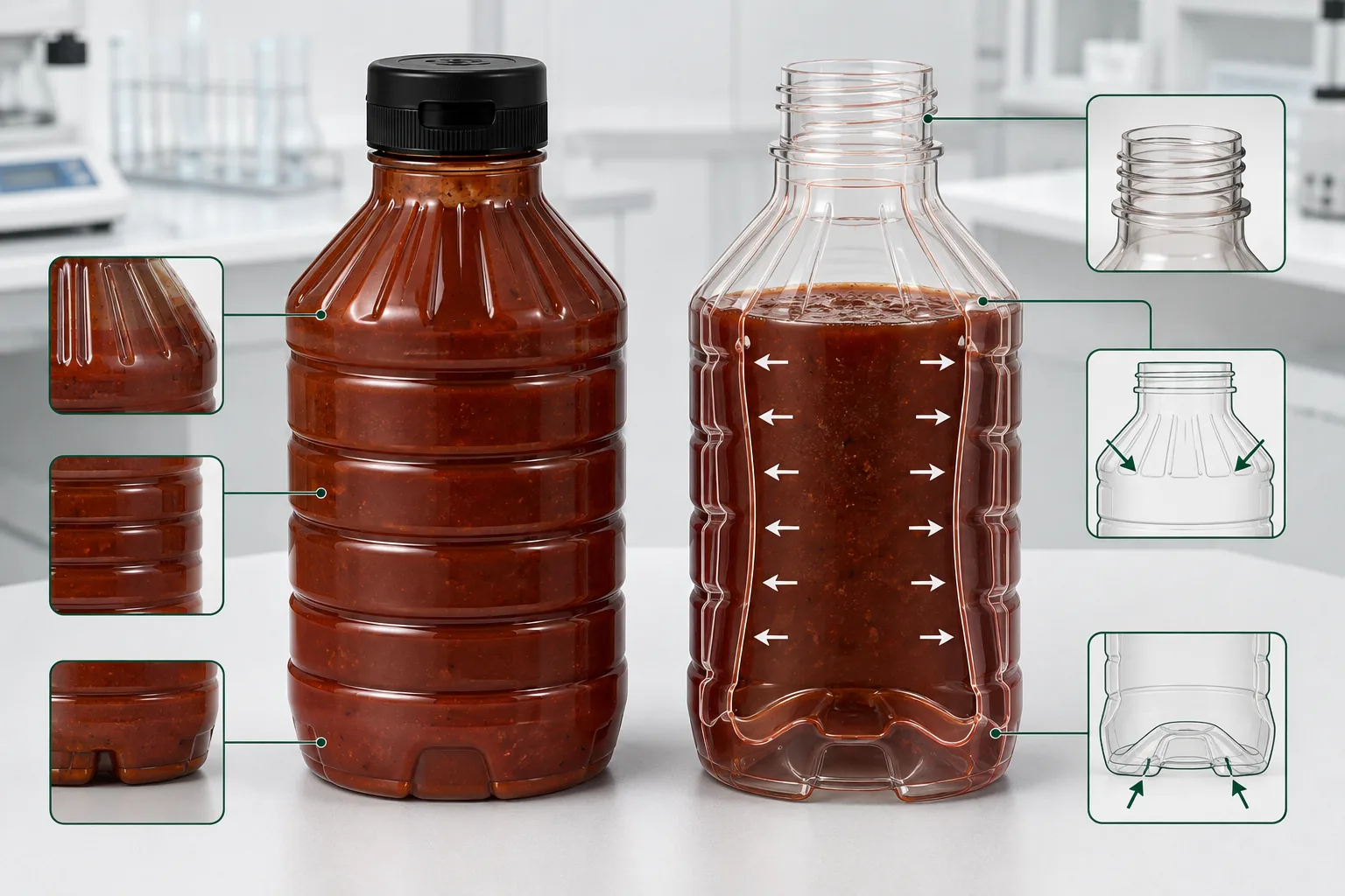Vacuum panel engineering on hot-fill plastic BBQ sauce bottles with ribs reinforced shoulders and base support