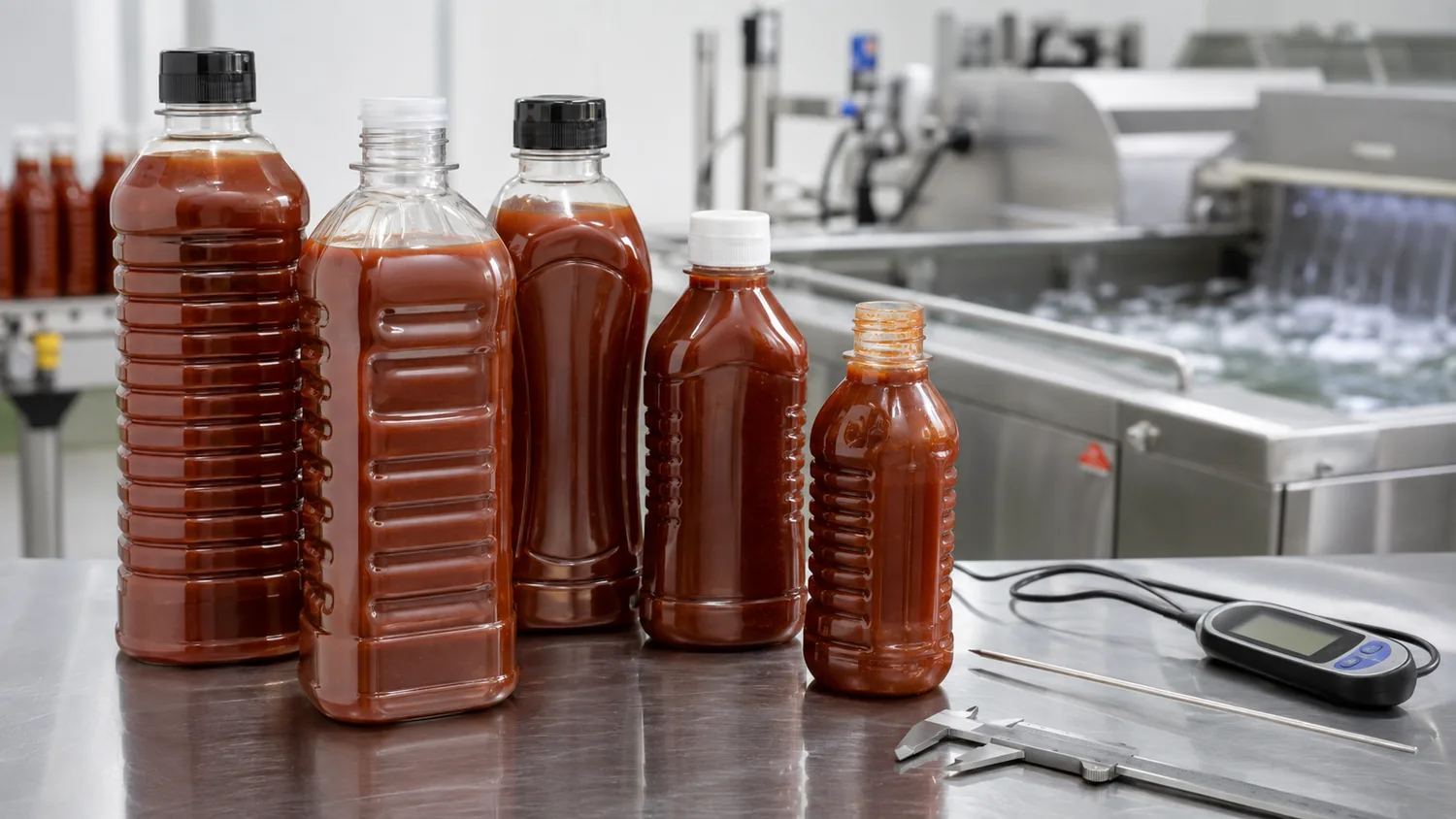 Hot-fill plastic BBQ sauce bottles with ribbed vacuum panels being tested for heat resistance shrinkage and cap fit in a packaging lab