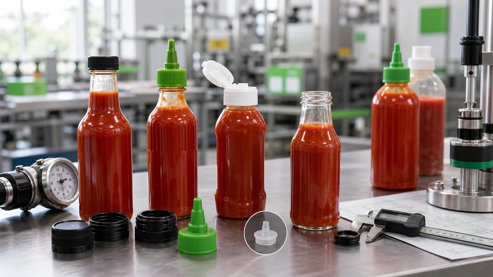 Hot sauce bottle caps with flip top cap screw cap twist open nozzle cap and orifice reducer samples on a packaging engineering bench