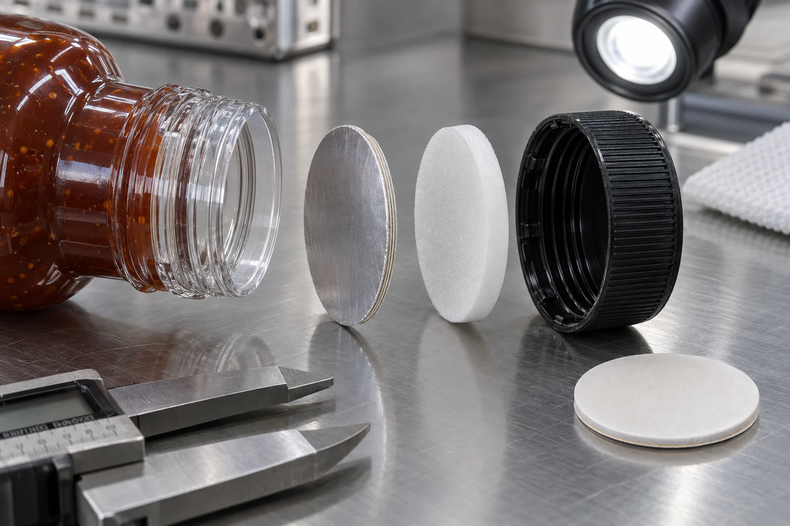 Exploded PET BBQ sauce bottle neck induction foil liner foam backing and polypropylene screw cap interface