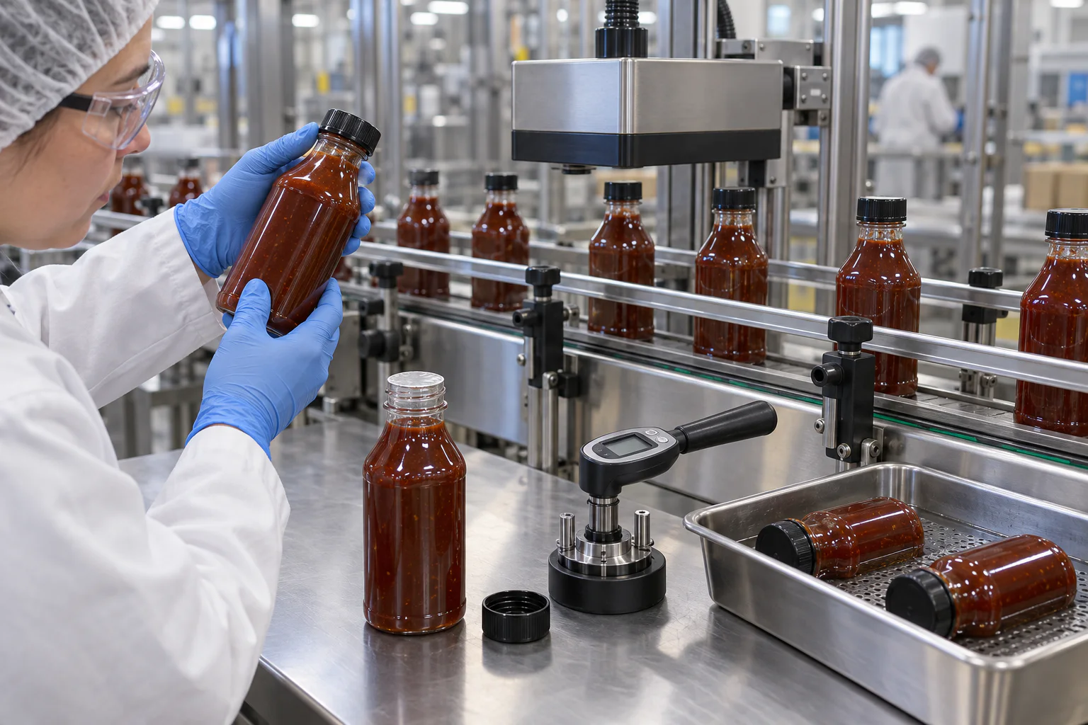 Technician validating cap torque and induction seals on filled acidic BBQ sauce bottles at a packaging line