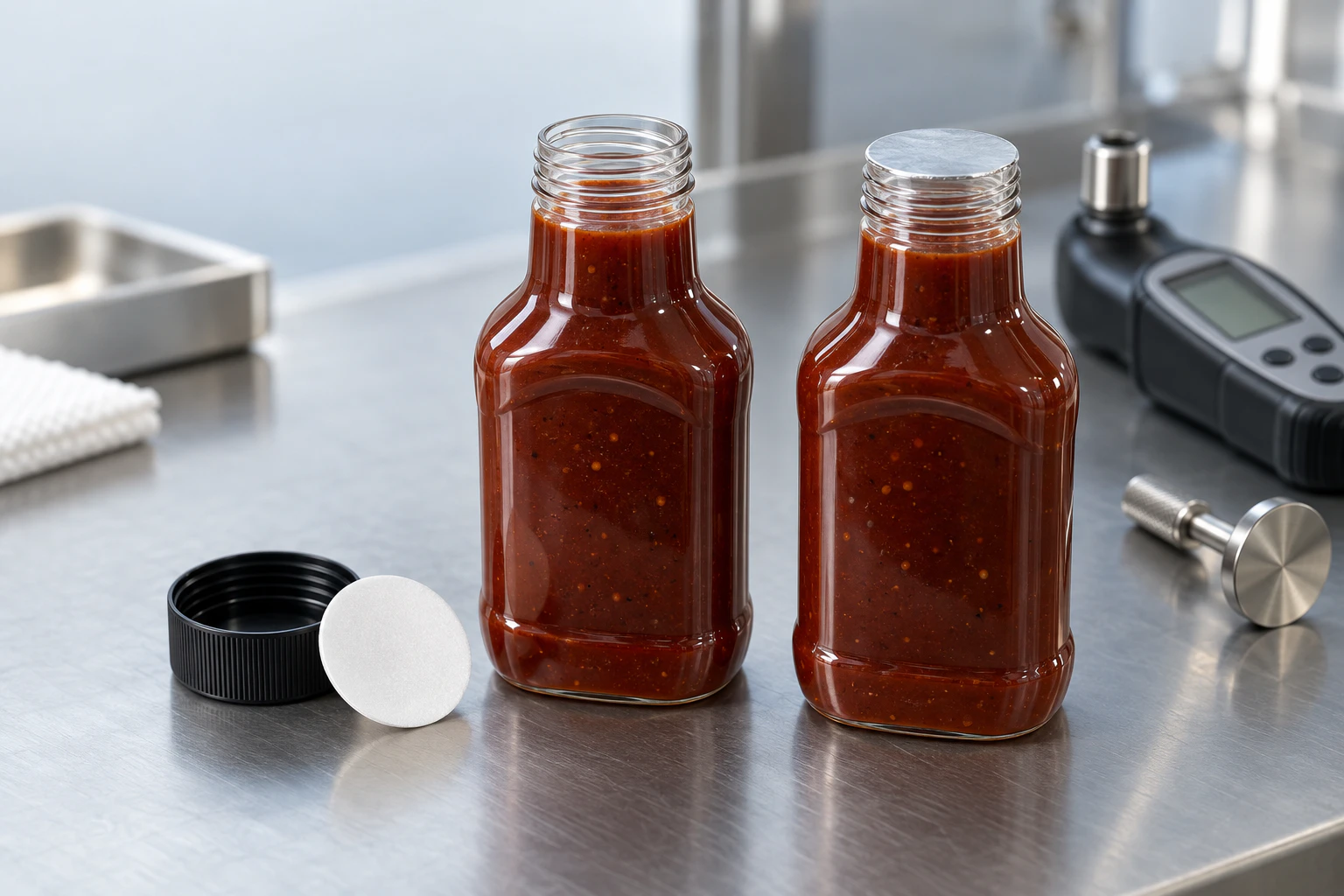 Induction seal and pressure-sensitive liner comparison for acidic BBQ sauce bottles on a packaging test bench