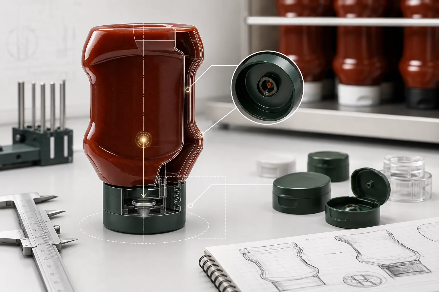 Cap-down stability engineering for inverted BBQ sauce bottles with wide flat flip-top closure and recessed valve
