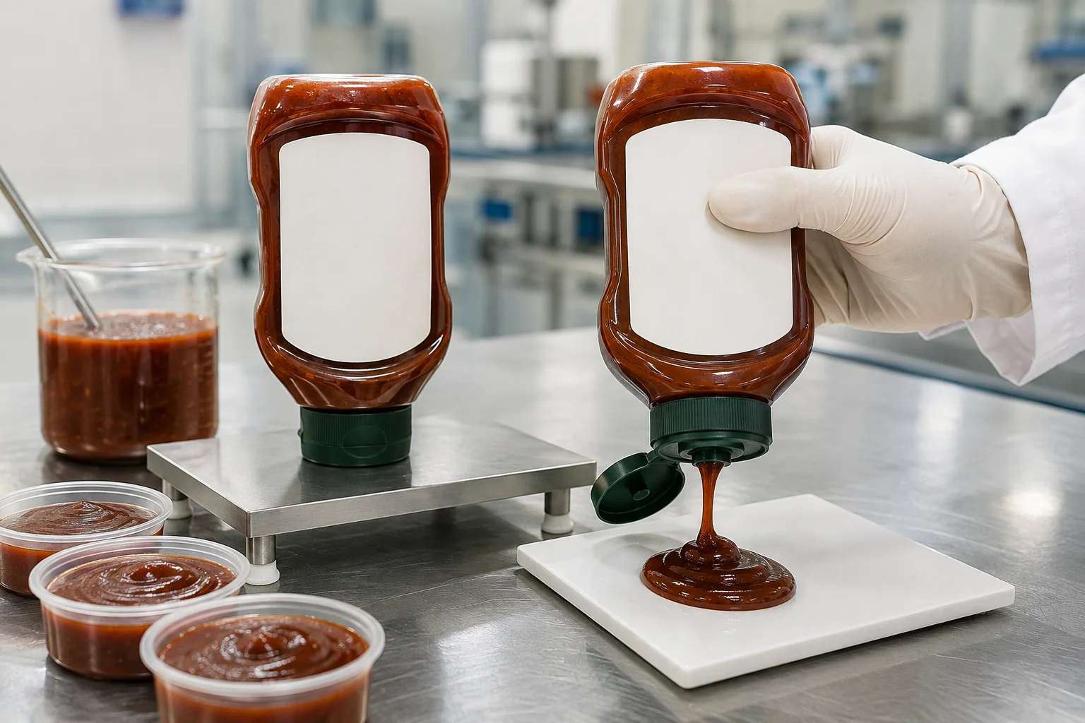 Low-residue dispensing test for inverted BBQ sauce bottles with clean valve and thick sauce ribbon