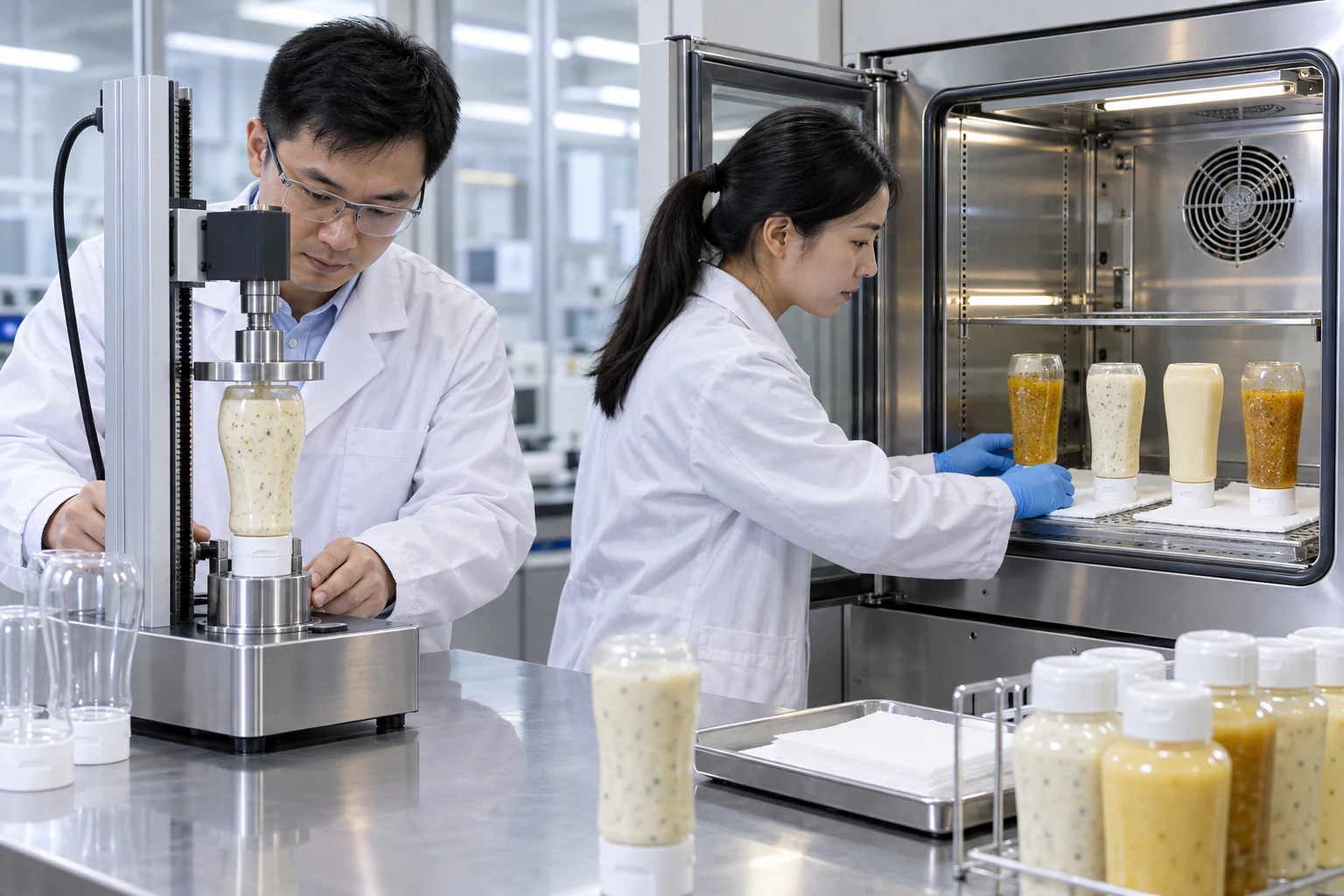 Chinese packaging engineers checking bottle recovery and cap-down leakage on inverted salad dressing bottles