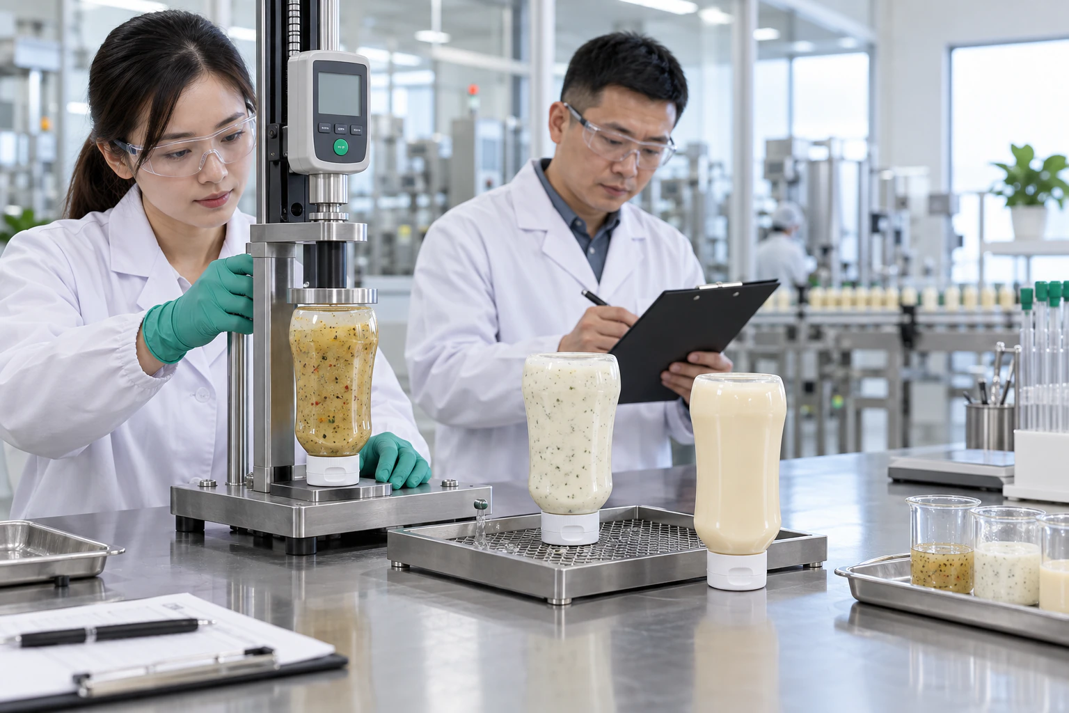 Chinese packaging engineers validating inverted salad dressing bottle valves and cap-down leakage