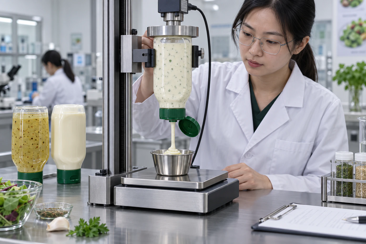 Chinese packaging engineer measuring opening force and dose weight from an inverted ranch dressing bottle