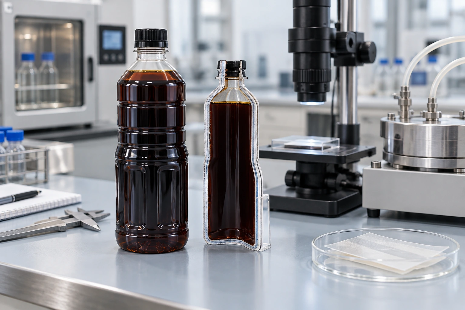 Multilayer EVOH soy sauce bottles and bottle-wall samples undergoing laboratory validation