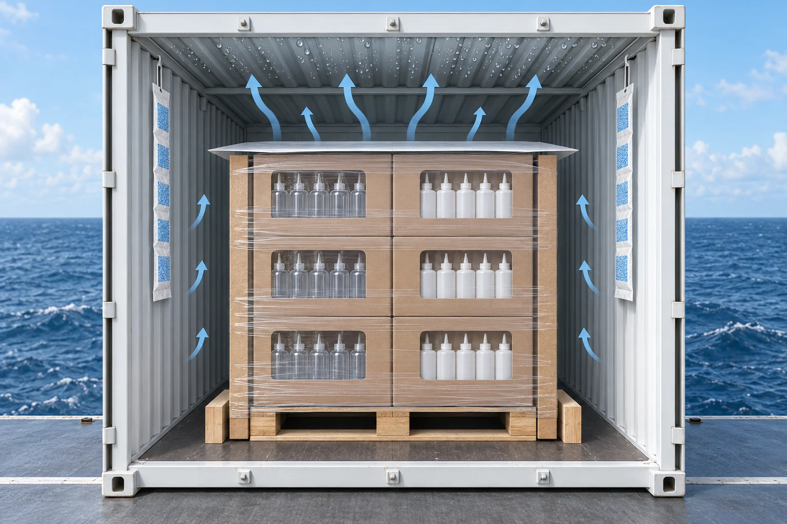Cutaway ocean container showing condensation control for palletized empty plastic sauce bottles
