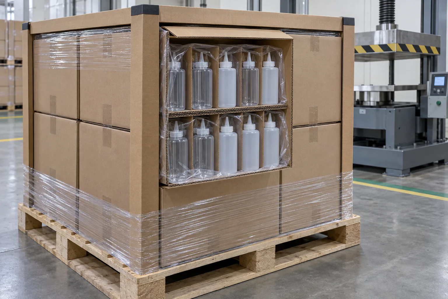 Pallet compression pack with partitioned cartons corner boards and stretch wrap for empty sauce bottles