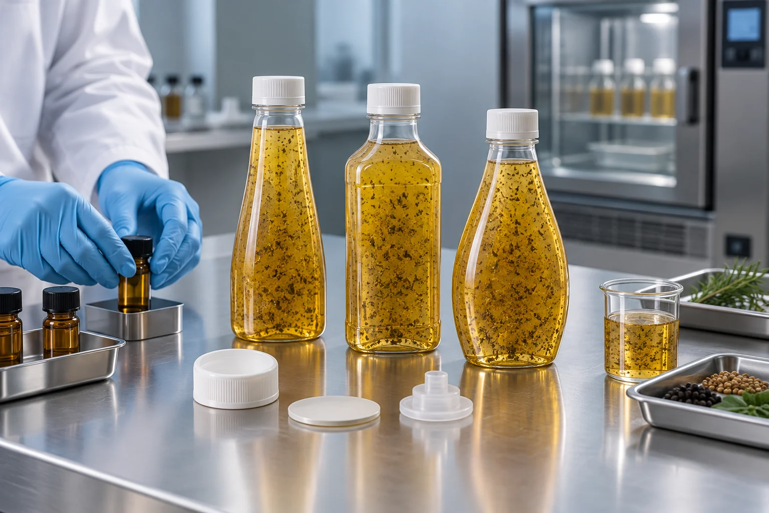 Oil-based salad dressing bottles, caps and closure components being prepared for food-contact migration testing in a packaging laboratory