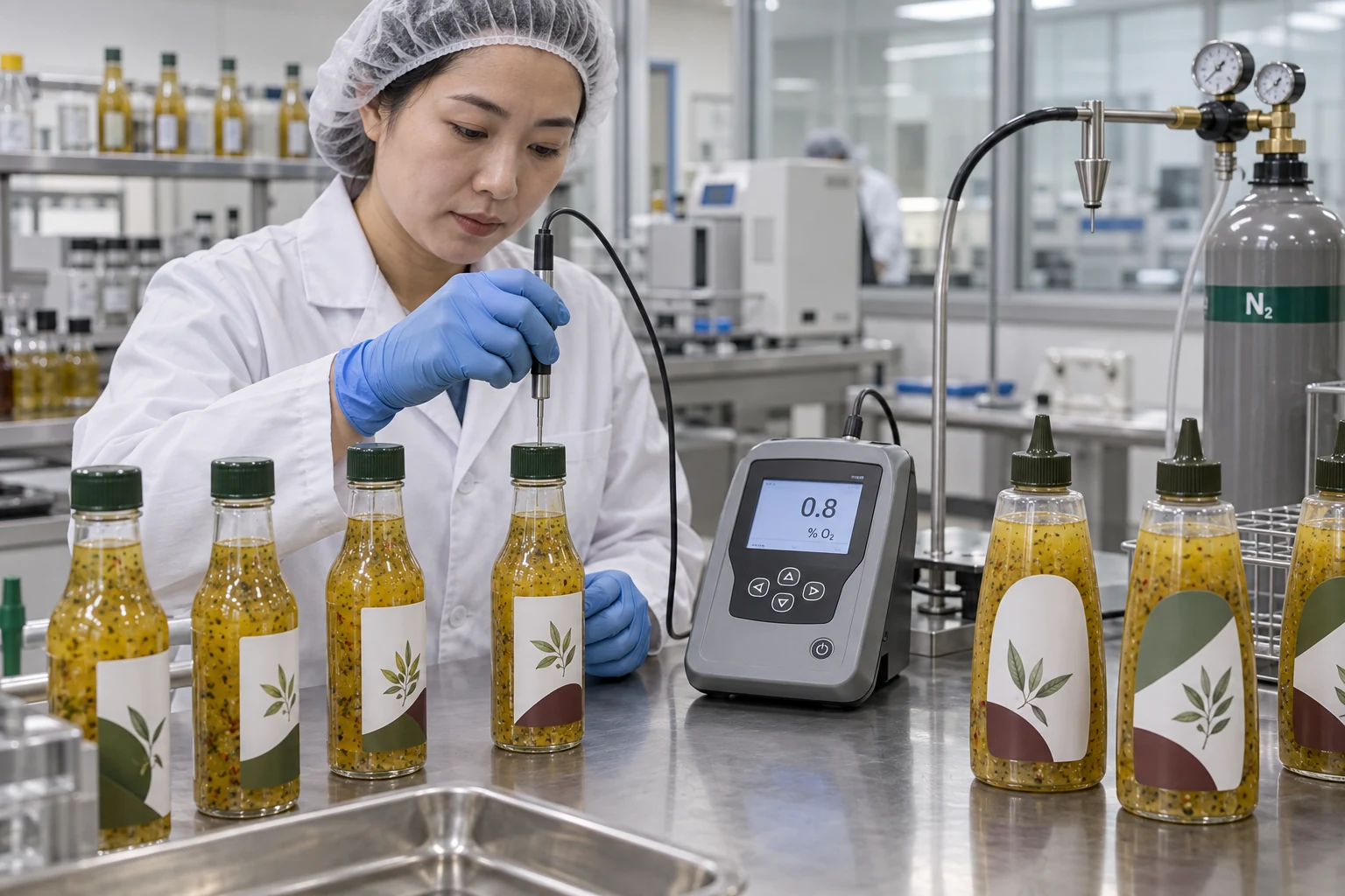 Chinese packaging engineer measuring headspace oxygen in filled salad dressing bottles beside a nitrogen purge station