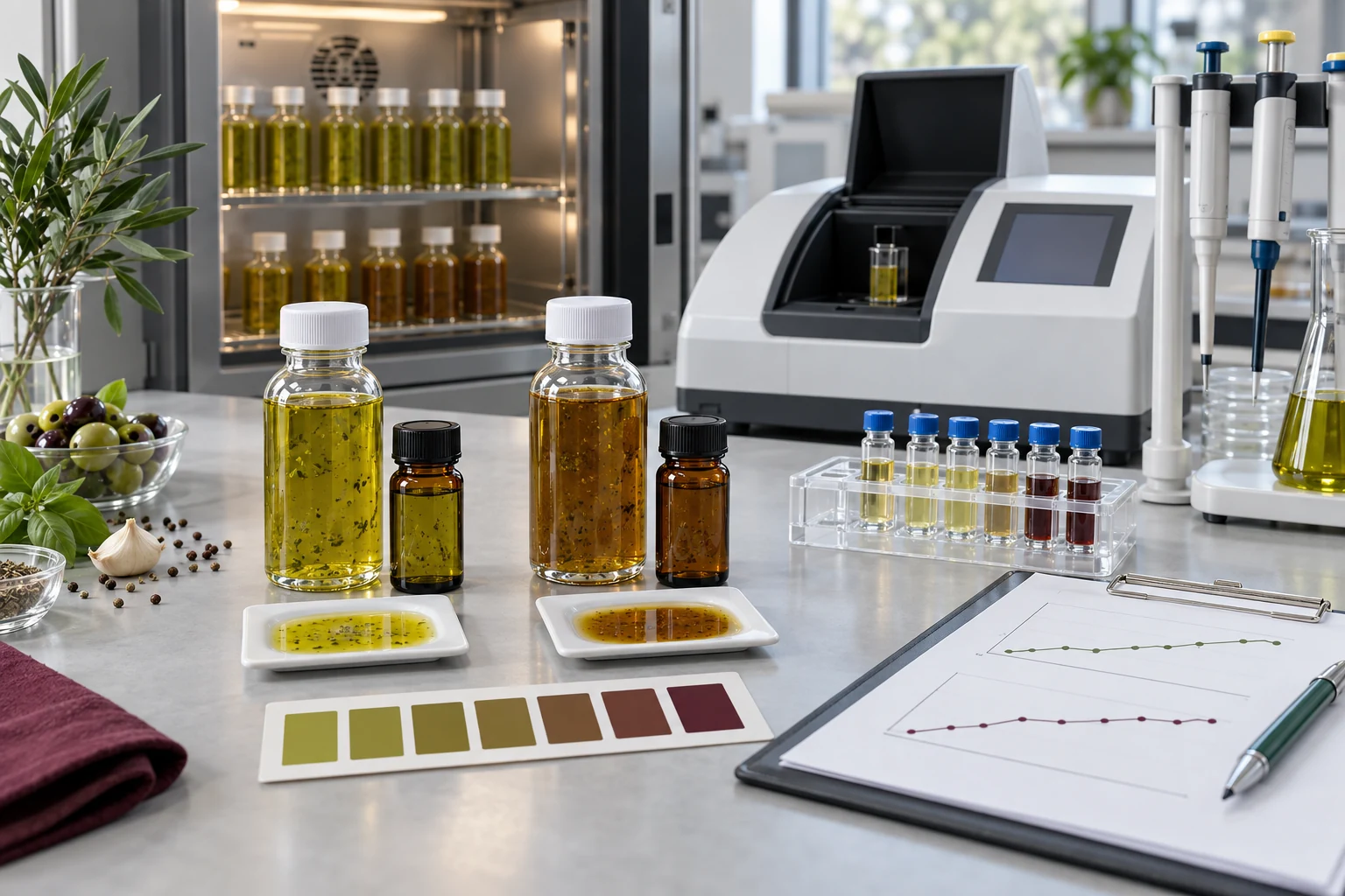 Oil-based salad dressing samples undergoing color spectroscopy and oxidation testing in a shelf-life laboratory