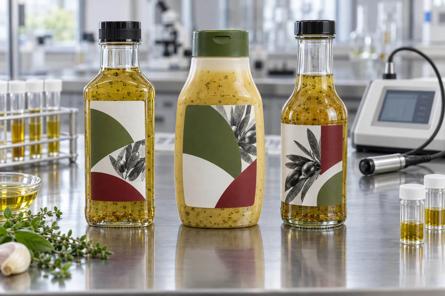 Clear PET multilayer squeeze and glass bottles filled with oil-based salad dressings on an oxygen barrier testing bench