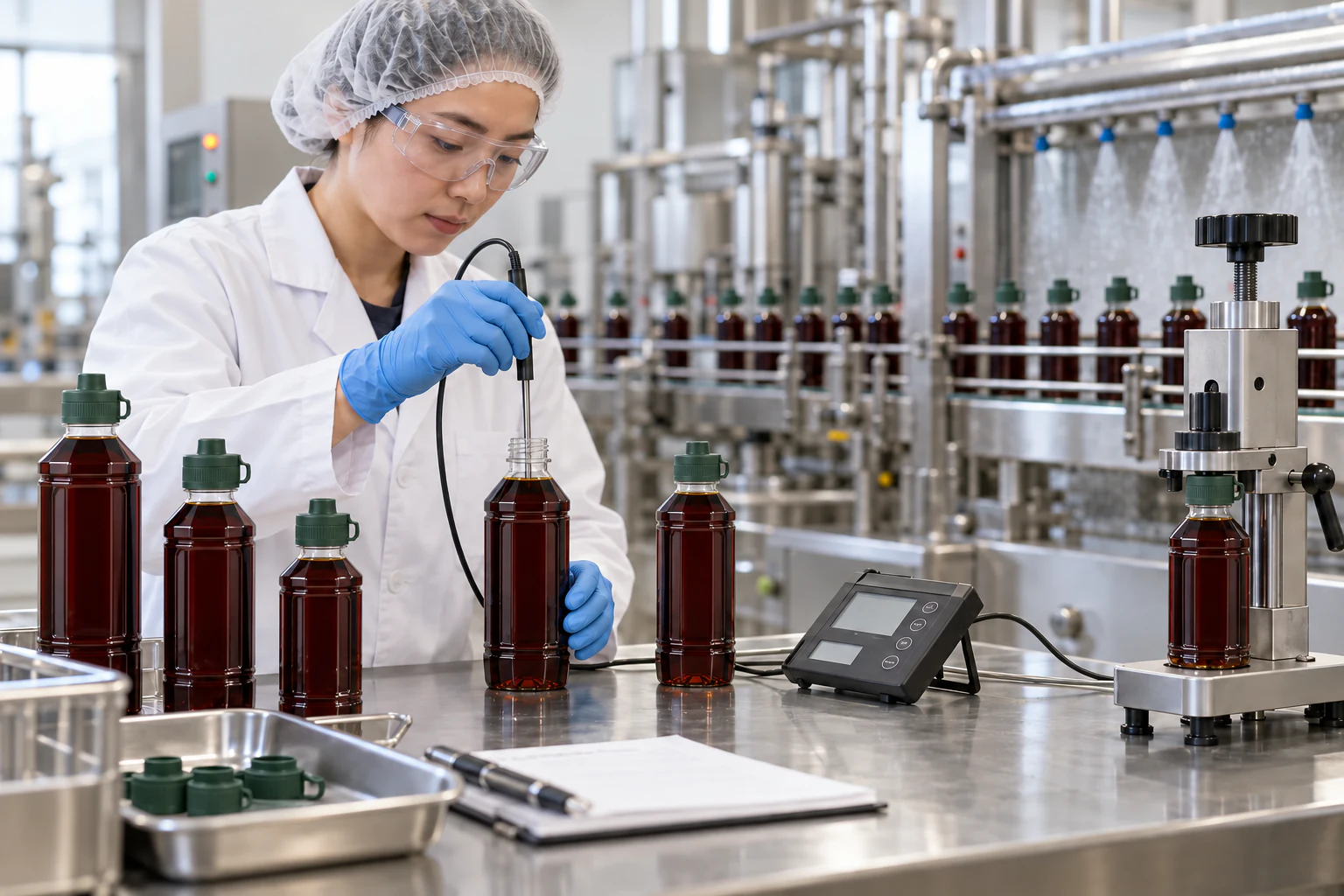 Packaging engineer measuring the temperature of freshly filled plastic soy sauce bottles beside a cooling line