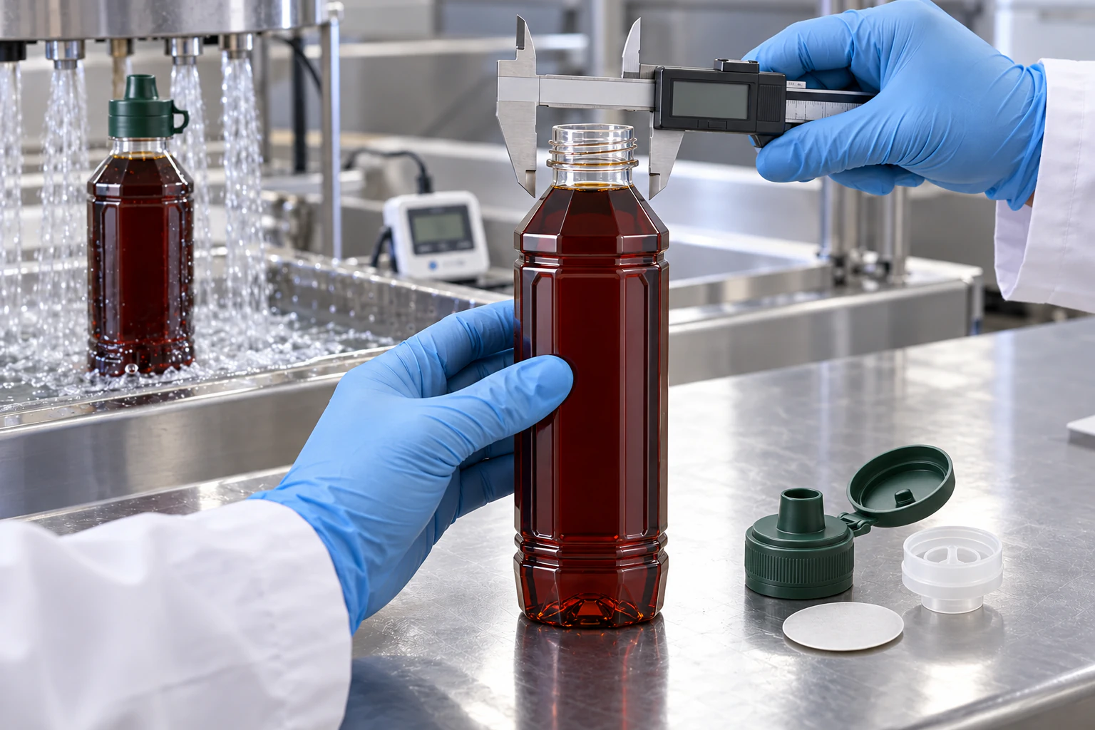 Engineer checking the neck dimensions of a cooled plastic soy sauce bottle beside its cap liner and pour insert