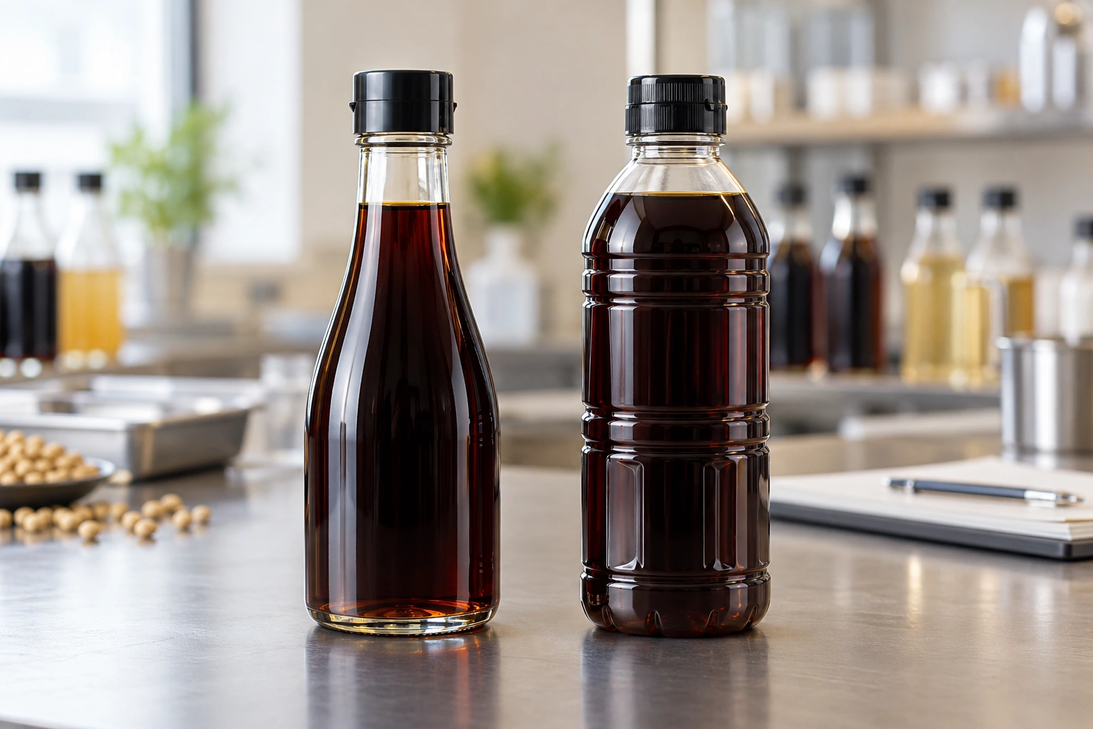 Glass and PET plastic soy sauce bottles compared on a packaging development workbench