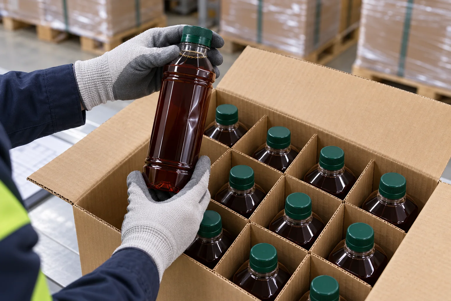 Inspector checking filled PET soy sauce bottles in a partitioned export carton after ocean freight