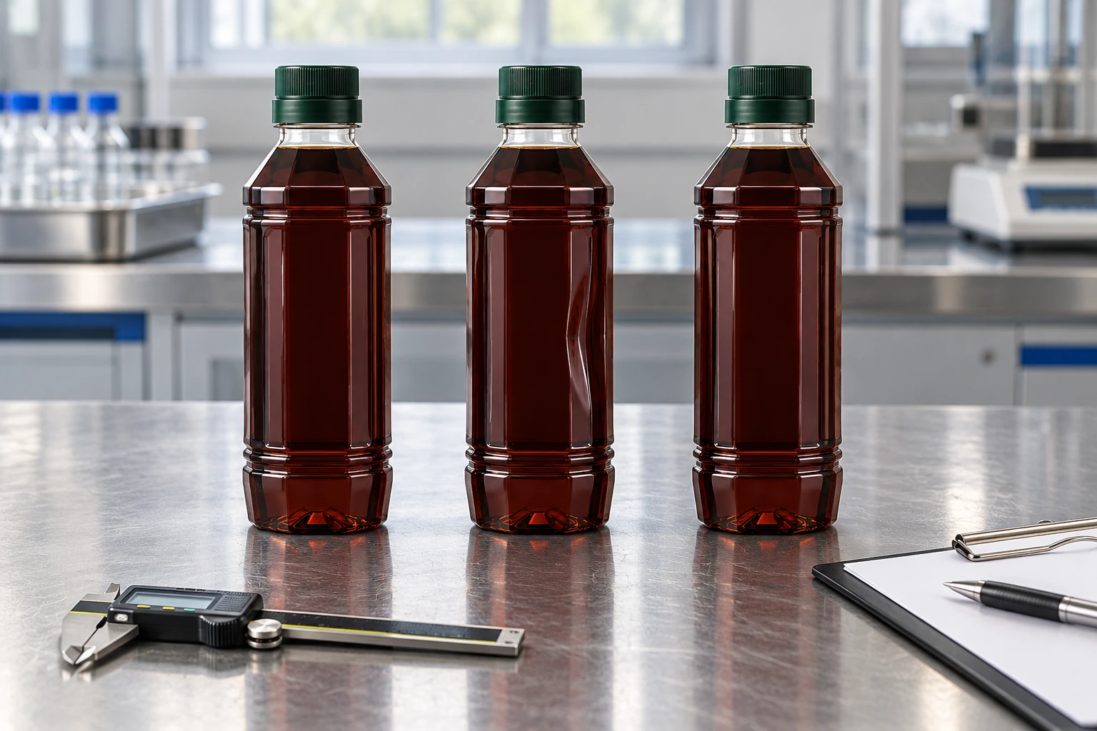 Paneled PET soy sauce bottle compared with two straight control bottles after conditioning