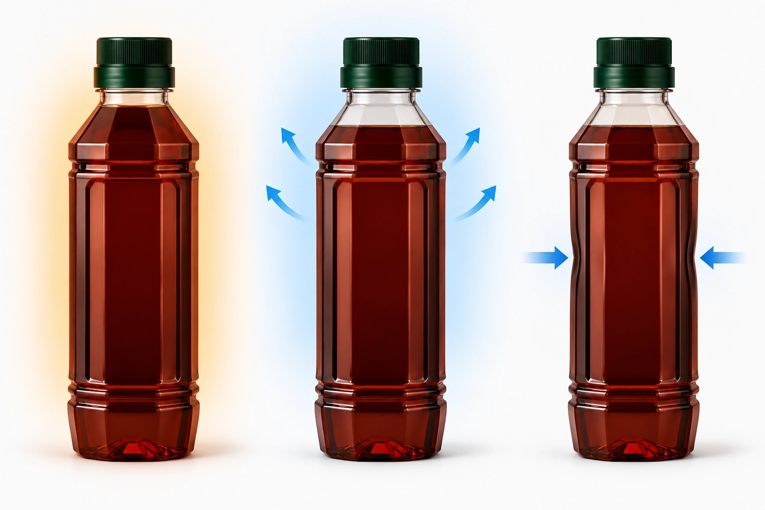 Three-stage illustration of warm fill, cooling headspace expansion and inward paneling in a sealed PET soy sauce bottle