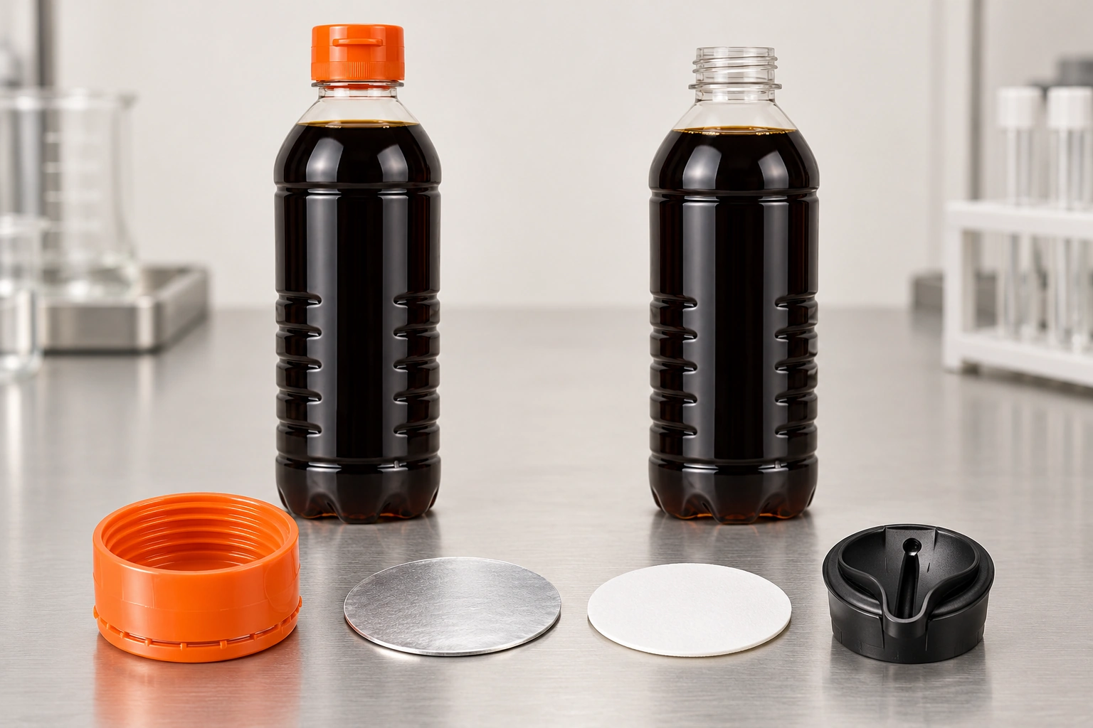PET soy sauce bottles with matching tamper-evident cap, induction foil, liner and controlled-pour closure components