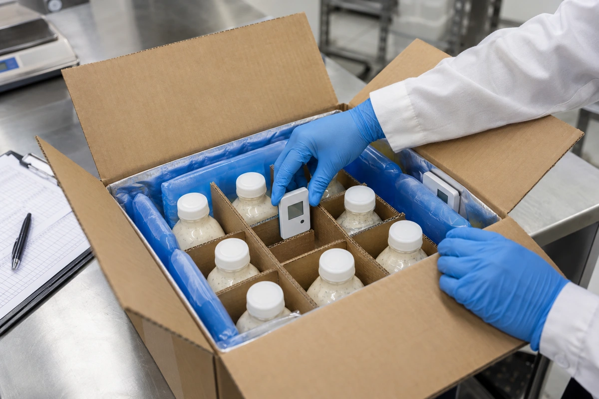 Temperature data loggers positioned inside an insulated carton of refrigerated probiotic dressing bottles