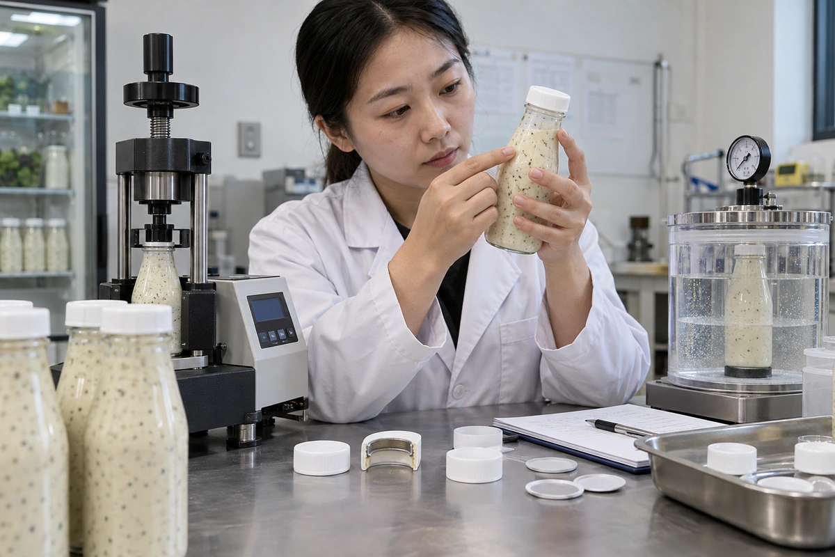 Packaging quality technician checking cap torque and leak integrity on refrigerated salad dressing bottles